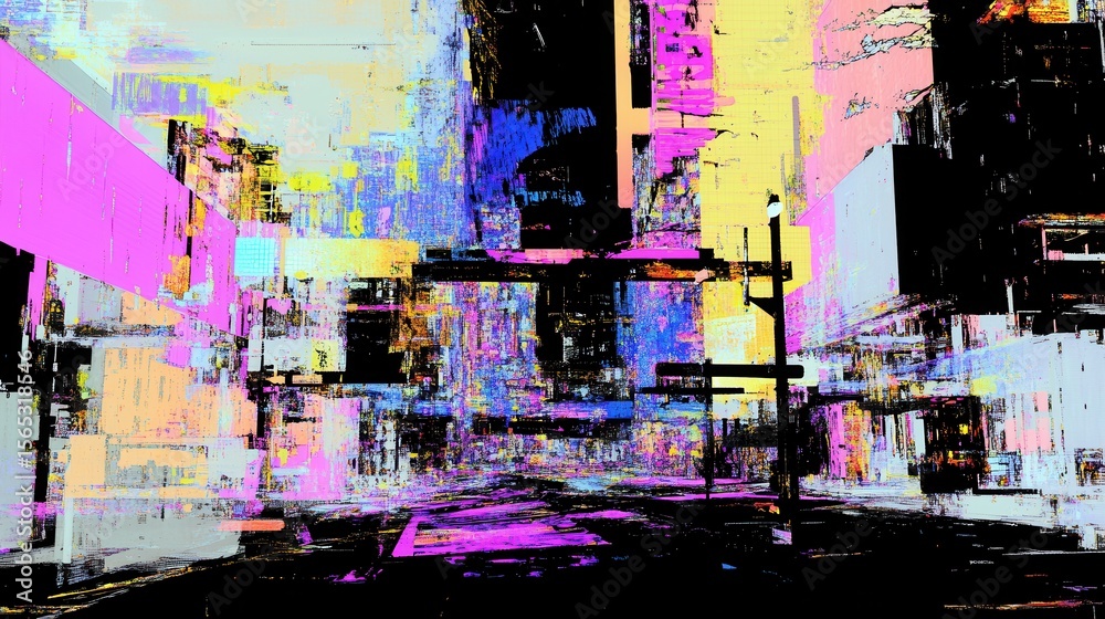Obraz premium A vibrant, abstract cityscape, filled with bold colors and fragmented shapes.
