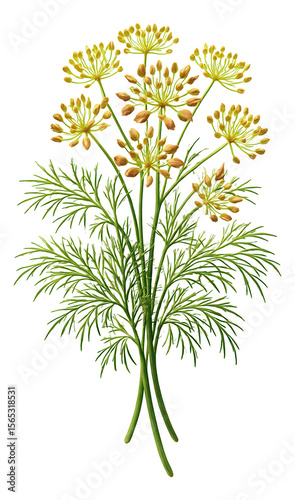 A detailed illustration of dill herb with yellow flower heads and feathery green leaves.