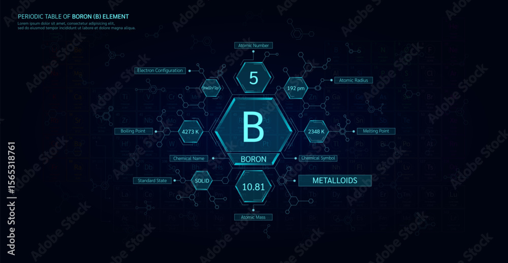 Fototapeta premium Periodic table of Boron (B) element. Alkaline earth metals, State solid. Chemical chart sample in hexagonal molecules. Science minerals concept. Background poster for scientific printing. Vector.