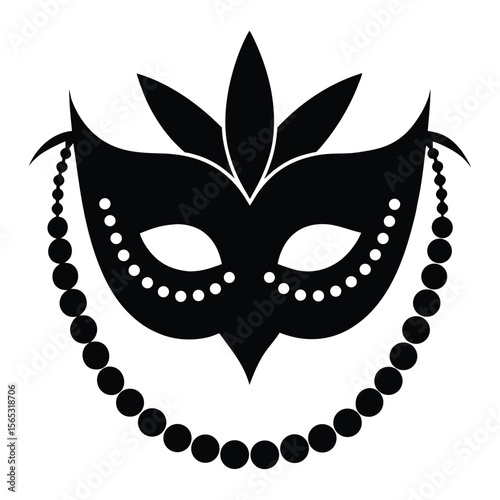 Elegant black silhouette of a venetian masquerade mask adorned with colorful beads perfect for carnival or festive event invitations and decorations