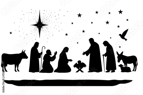 Nativity scene silhouette in black and white, flat vector with holy family and animals, concept for Eastern Orthodox Christmas