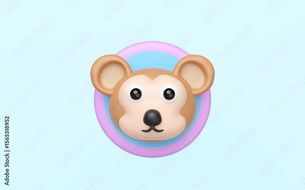 Fototapeta premium Vibrant 3D monkey character head with expressive eyes and a black nose, set against a two-tone pastel circular backdrop of blue and purple, on a plain light blue background. Playful design.