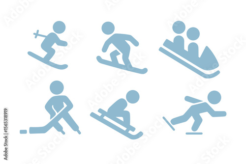 Set of blue pictograms of winter sports in flat style, minimalist icons on white background, concept for Winter Sports Day