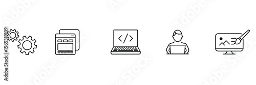 Office development team workspace setting gear web design coding interface icon vector illustration for software application programming project collaboration.