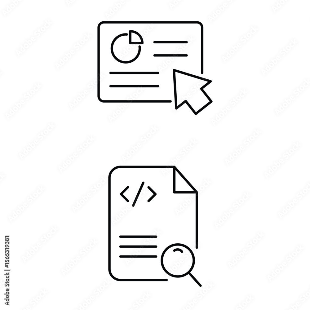 Fototapeta premium Data analysis chart and code document with magnifying glass vector icon illustration in minimal line style for digital use.