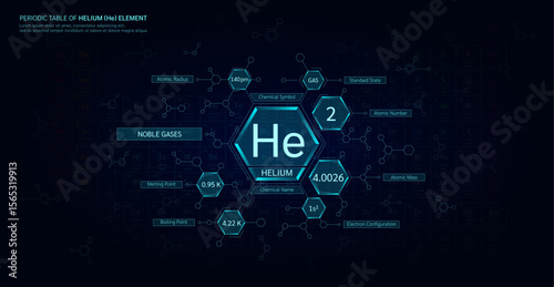 Periodic table of helium (He) element. Noble gases, State gas. Chemical chart sample in hexagonal molecules form. Science minerals concept. Background poster for scientific printing. Vector EPS10.