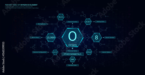 Periodic table of Oxygen (O) element. Alkaline earth metals, State solid. Chemical chart sample in hexagonal molecules. Science minerals concept. Background poster for scientific printing. Vector.