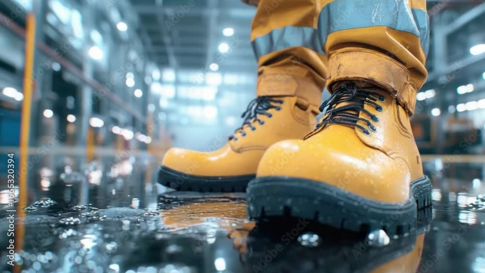 Working Boots in the Factory: Close-up view of durable work boots, designed to endure challenging environments. Highlighting industrial aesthetics, protection and resilience.