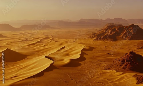 Panoramic Desert Landscape With Sand Dunes and Rocky Mountains Under Golden Sunset