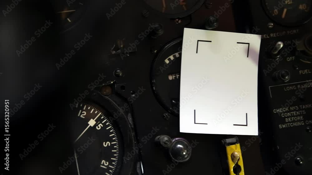 Placeholder Frame for Photo or Video Compositing Inside Vintage Fighter Jet Cockpit, Closeup of Pilot Instrument Panel - 4K