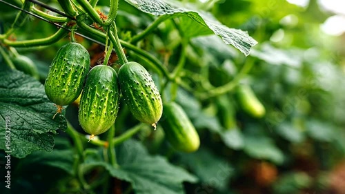 Fresh Green Cucumbers Growing on Vines in Garden
