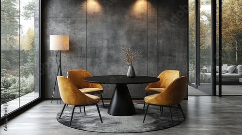Modern dining room with dark gray walls, a round black table, and mustard yellow chairs. Large windows showcase a wooded exterior
