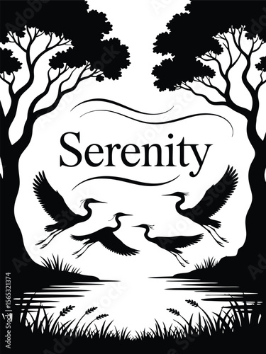Black and White Silhouette of Serenity Text with Cranes Flying Over Water Between Trees