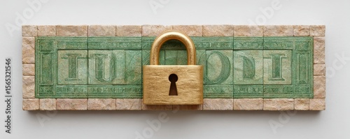 A gold padlock secured over a green tiled plaque with the partially visible word 
