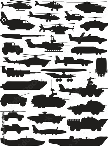 Military Vehicle Silhouettes Helicopters, Planes, Tanks, Trucks, Ships, and Submarines on a White Background