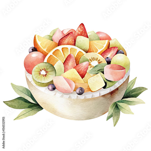 fruit slices in bowl decorated with green leaves, isolated watercolor sticker for print or sticker..