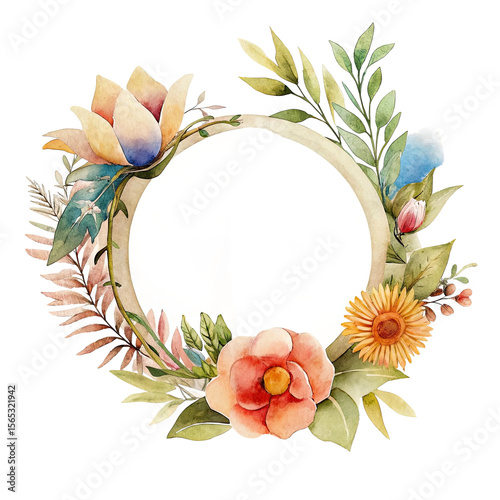vintage round floral frame decorated with watercolor leaves and blooming flowers for print or botanical sticker..