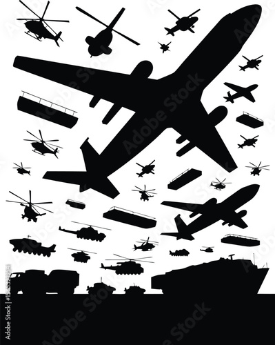 Silhouette Illustration of Airplanes, Helicopters, Trucks, Tanks, and Warship on a White Background
