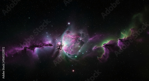 Cosmic Nebula with Purple and Green Gaseous Clouds in Dark Night Sky
