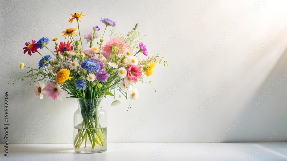 Naklejka premium A vibrant summer bouquet of wildflowers in a clear glass vase, bathed in sunlight against a bright white wall, creating a cheerful and serene atmosphere