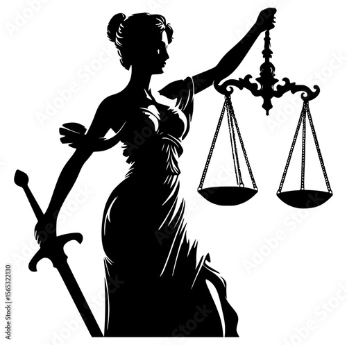 Themis with scales of justice and law, Elegant depiction of Themis, goddess of justice, holding scales and a sword. A timeless symbol of fairness, law, and unwavering judgment