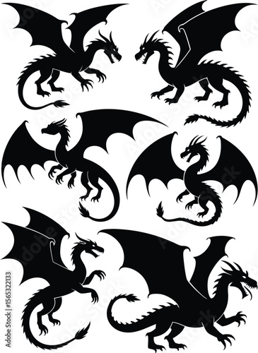 Six Black Dragon Silhouettes with Varying Wing Shapes, Poses, and Body Styles on White Background