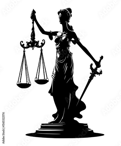 Themis with scales of justice and law, Elegant depiction of Themis, goddess of justice, holding scales and a sword. A timeless symbol of fairness, law, and unwavering judgment