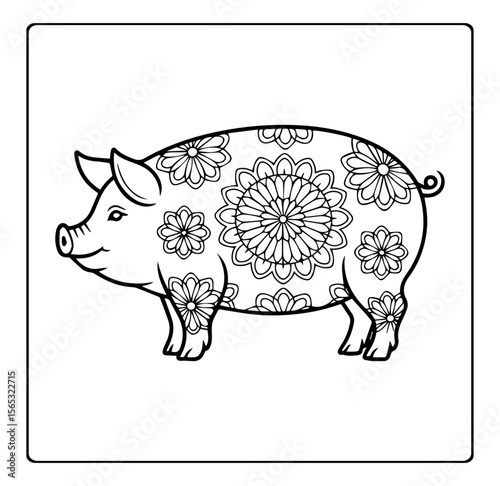 Cute pig with beautiful floral mandala pattern detailed vector outline illustration coloring page for adults and children