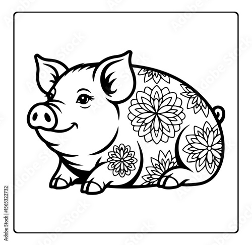 Cute pig with beautiful floral mandala pattern detailed vector outline illustration coloring page for adults and children