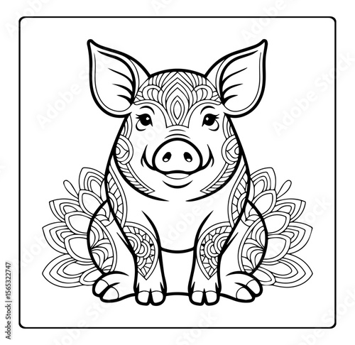 Cute pig with beautiful floral mandala pattern detailed vector outline illustration coloring page for adults and children