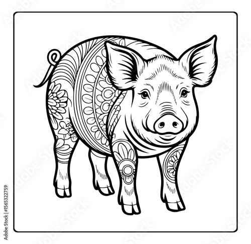 Cute pig with beautiful floral mandala pattern detailed vector outline illustration coloring page for adults and children