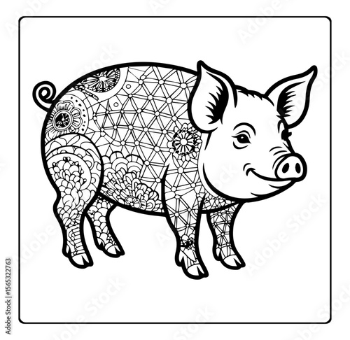 Cute pig with beautiful floral mandala pattern detailed vector outline illustration coloring page for adults and children