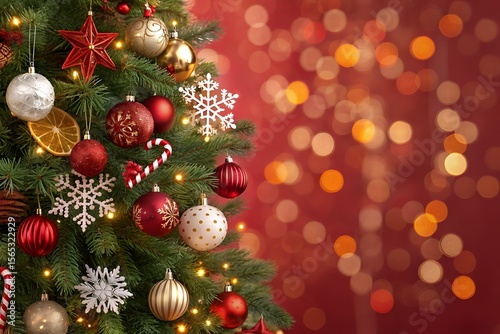 Vibrant Festive Christmas Tree Background Red and Gold Ornaments, Sparkling Lights