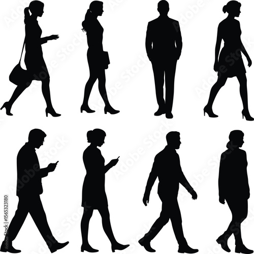 Diverse Walking People Silhouettes: Urban Life, Commuters & Everyday Activity