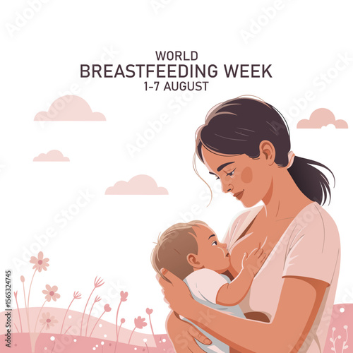 World Breastfeeding Week banner with Mom Breastfeeding baby on pink background vector design