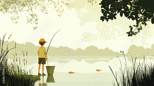 Young Boy Fishing with Bucket - Flat Vector Illustration