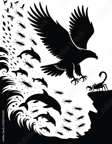 Contrasting Elements Eagle, Dolphins, Insects, and Scorpion in Black and White Silhouette Illustration
