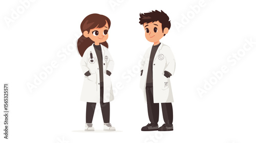 Young Boy and Girl in Science Gowns on Isolated Background