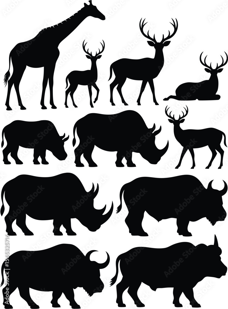 Fototapeta premium Silhouette Illustration of Giraffe, Deers, Rhinos, and Buffalos Animal Graphics