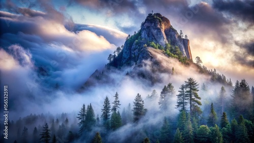 Serene Mountain Peak Enveloped in a Mystical Dawn Mist, Majestic and Tranquil Forest Landscape