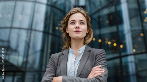 Confident Businesswoman with Arms Crossed in Front of Modern Glass Building