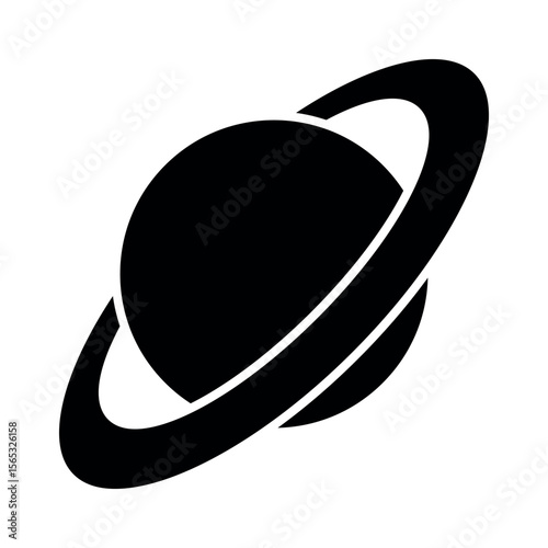 Saturn, black and white vector silhouette illustration of planet with ring isolated