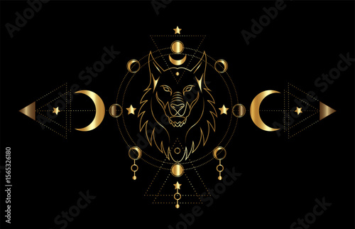 Mythological wolf or mystical Fenrir on Sacred Geometry and Moon Phases. Gold luxury vector illustration of Sacred ethnic wild animal isolated on black background
