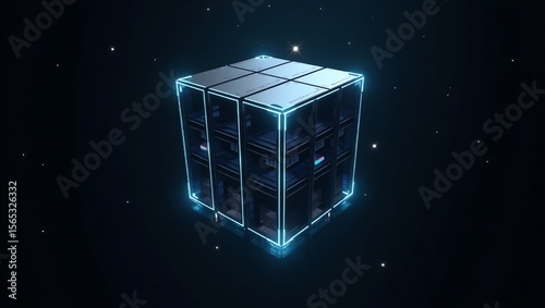 Futuristic glowing cube in dark space with bright lights and grid design