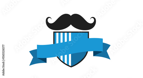 Dapper Gentleman's Emblem Featuring a Distinguished Mustache and a Bold Blue Banner for Victorious Celebrations and Proud Declarations