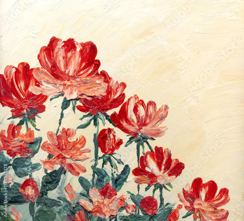 Painting by oil. A still life from bright red flowers