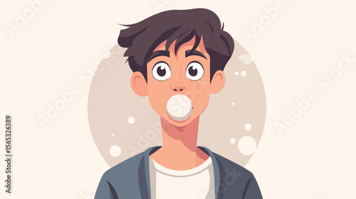 Young Boy Chewing Gum Flat Vector Illustration in the Center