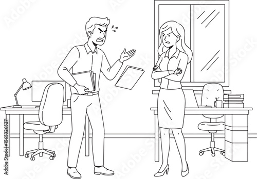  A dynamic illustration depicting a man and a woman engaged in a heated argument in an office setting