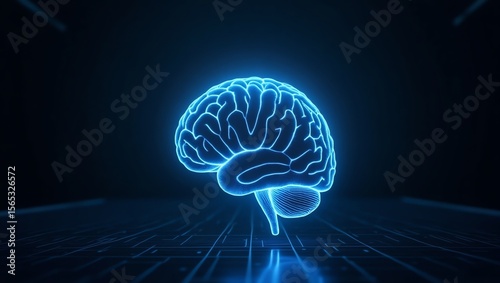 Glowing blue brain on dark background with circuit patterns