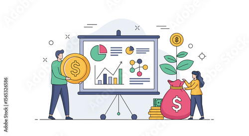 Understanding Financial Growth Strategies Visualizing Investment Opportunities And Economic Progress Through Data Presentation With Business People Holding Coins Demonstrating Wealth Accumulation